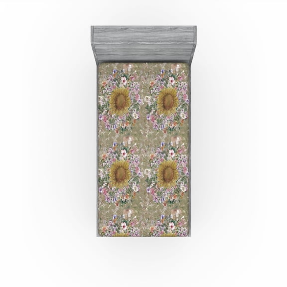 Ambesonne Sunflower Fitted Sheet, Blooming Flower Petal Art, Twin Size, Slate Brown Fawn and Caramel