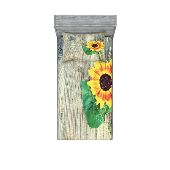 Ambesonne Sunflower Fitted Sheet & Pillow Sham Set, Wood Board Bouquet, Twinxl, Brown Green Yellow