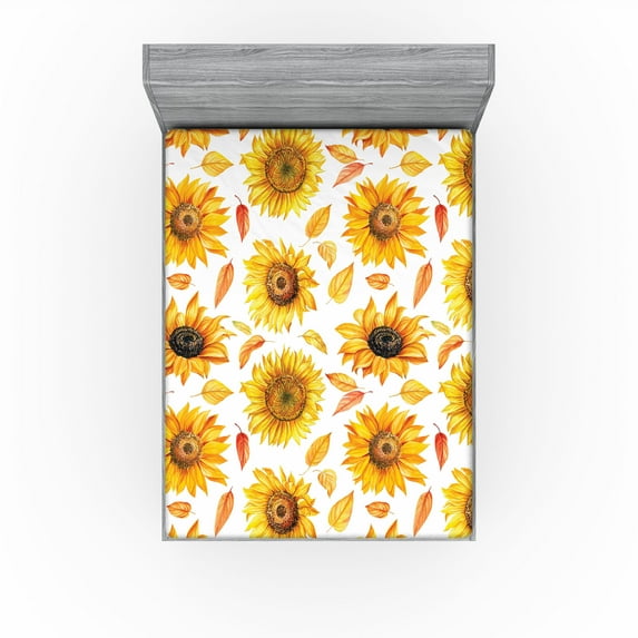 Ambesonne Sunflower Fitted Sheet, Vintage Fall Leaves Print, King Size, Marigold Mustard and White