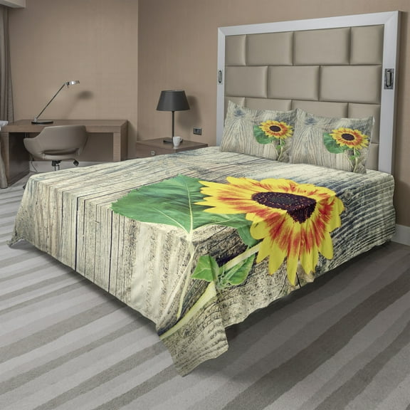 Ambesonne Sunflower Fitted & Top Sheet Set with Shams, Wood Board Bouquet, Brown Green Yellow