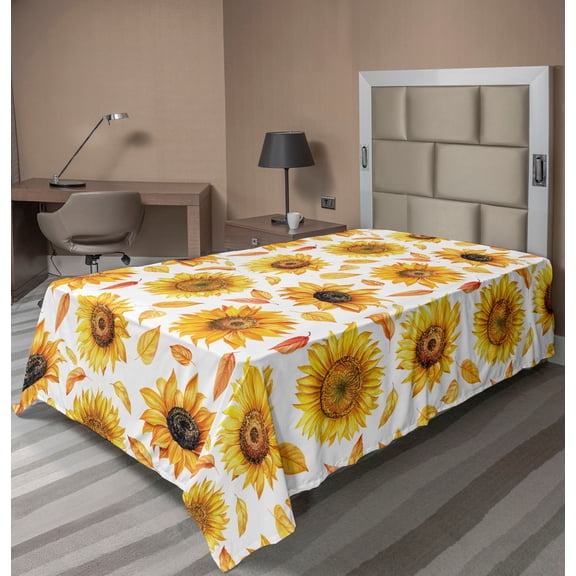 Ambesonne Sunflower Flat Bedding Sheet Soft Top Sheet, Vintage Fall Leaves Print, Twin XL, Marigold Mustard and White