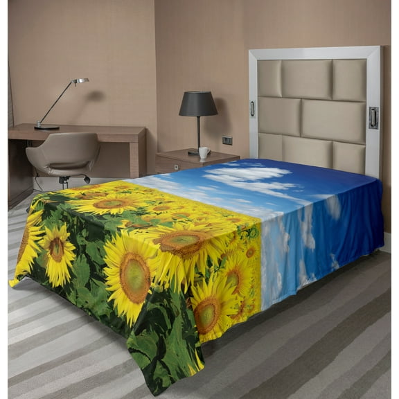Ambesonne Sunflower Flat Sheet, Fresh Field Country, TwinXL Size, Blue Green Yellow