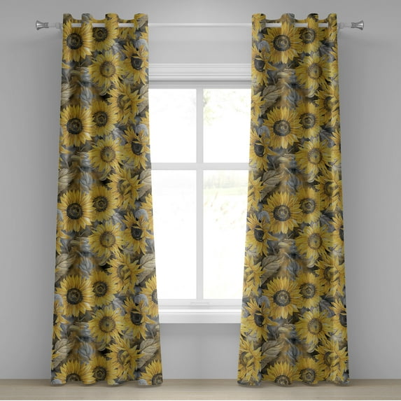 Ambesonne Sunflower Grommet Curtain, Vintage Botanical Floral, 50"x96", Earth Yellow and Grey