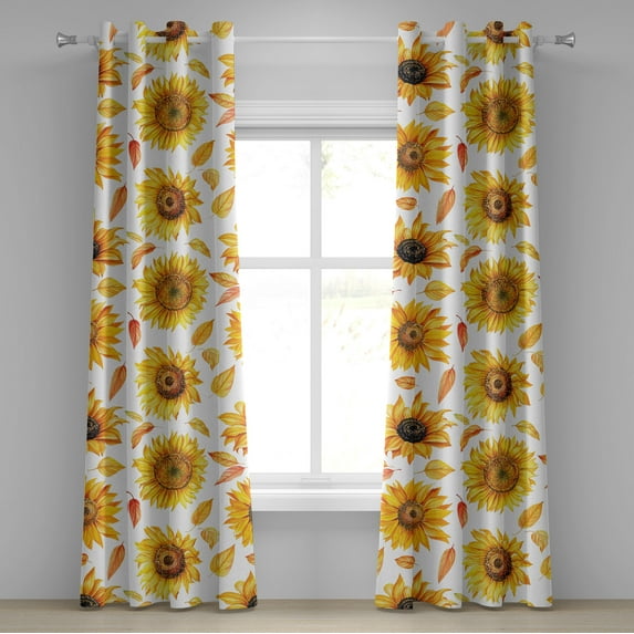 Ambesonne Sunflower Grommet Curtain, Vintage Fall Leaves Print, 50"x96", Marigold Mustard and White