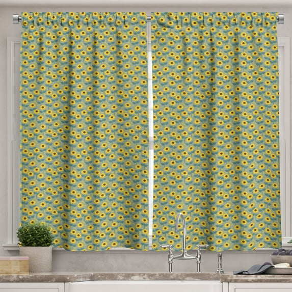 Ambesonne Sunflower Kitchen Curtains, Summer Flower Field Art, 55"x24", Mustard Sage Green Teal