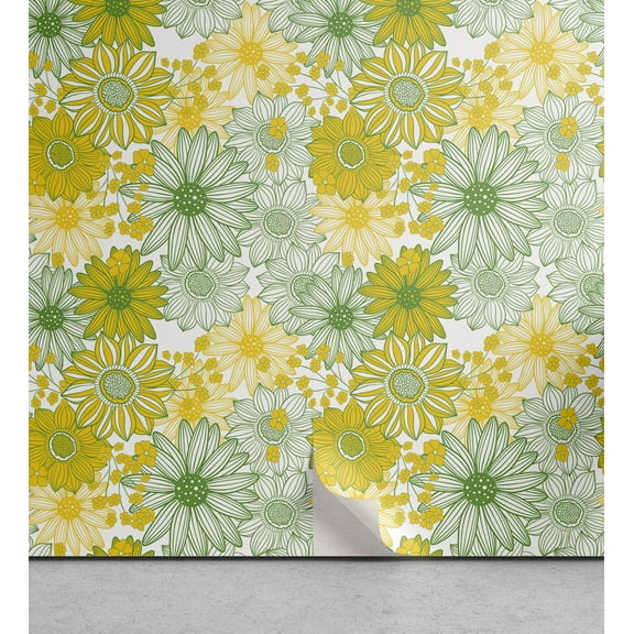 Ambesonne Sunflower Peel & Stick Wallpaper for Home, Botany Art Floral Cartoon, 13"x72", Fern Green Earth Yellow