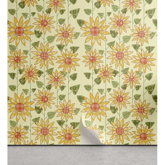 Ambesonne Sunflower Peel & Stick Wallpaper for Home, Patchwork Style Art, 13"x72", Olive Green Orange