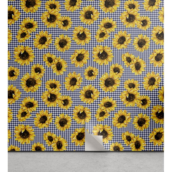 Ambesonne Sunflower Peel & Stick Wallpaper for Home, Petals on Gingham Check, 13"x36", Brown Mustard