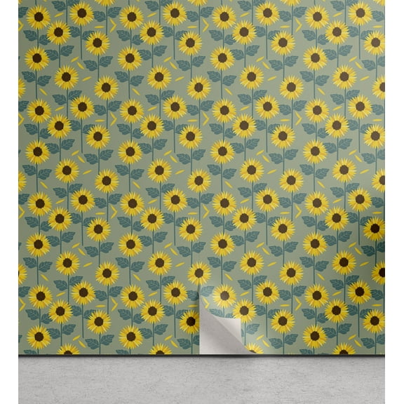 Ambesonne Sunflower Peel & Stick Wallpaper for Home, Summer Flower Field Art, 13"x36", Mustard Sage Green Teal