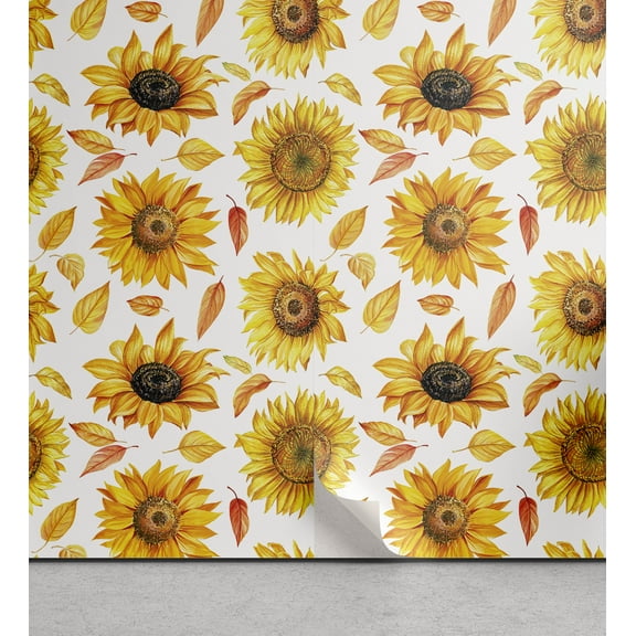 Ambesonne Sunflower Peel & Stick Wallpaper for Home, Vintage Fall Leaves Print, 13"x36", Marigold Mustard and White