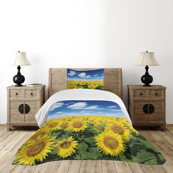 Ambesonne Sunflower Quilted Bedspread Set 2 Pcs, Fresh Field Country, Twin Size, Blue Green Yellow
