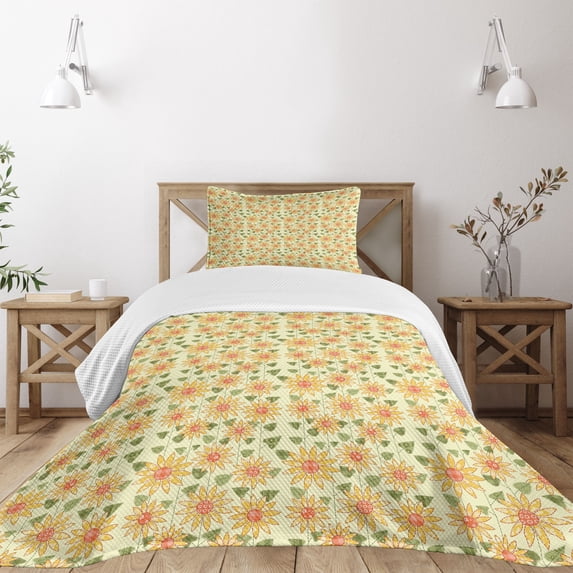 Ambesonne Sunflower Quilted Bedspread Set 2 Pcs, Patchwork Style Art, Twin Size, Olive Green Orange