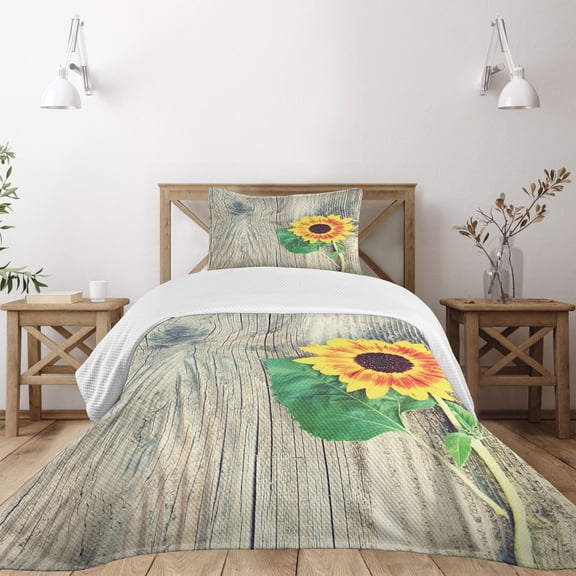 Ambesonne Sunflower Quilted Bedspread Set 2 Pcs, Wood Board Bouquet, Twin Size, Brown Green Yellow
