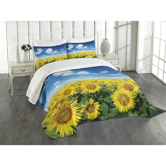 Ambesonne Sunflower Quilted Bedspread Set 3 Pcs, Fresh Field Country, King Size, Blue Green Yellow