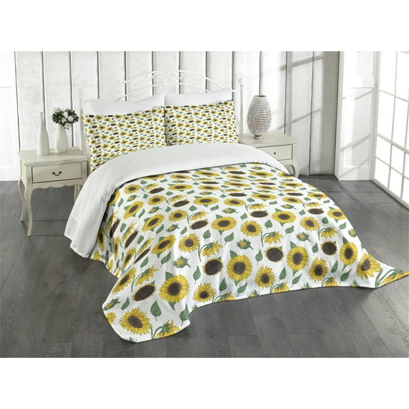 Ambesonne Sunflower Quilted Bedspread Set 3 Pcs, Hand-drawn Floral Art, King Size, Reseda Green Dark Brown
