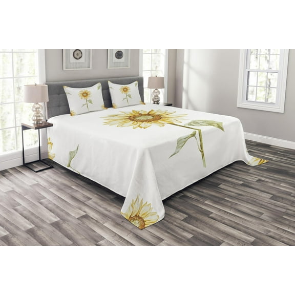 Ambesonne Sunflower Quilted Bedspread Set 3 Pcs, Minimalistic Art, Queen Size, Yellow Green