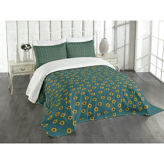 Ambesonne Sunflower Quilted Bedspread Set 3 Pcs, Nature Style, King Size, Dark Teal Yellow