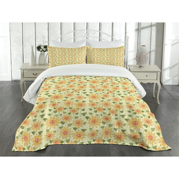 Ambesonne Sunflower Quilted Bedspread Set 3 Pcs, Patchwork Style Art, King Size, Olive Green Orange