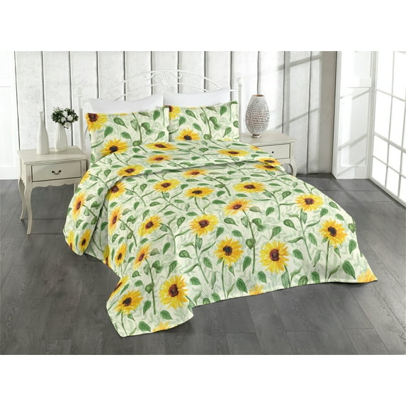 Ambesonne Sunflower Quilted Bedspread Set 3 Pcs, Summer Flowers Country, Queen, Earth Yellow and Green