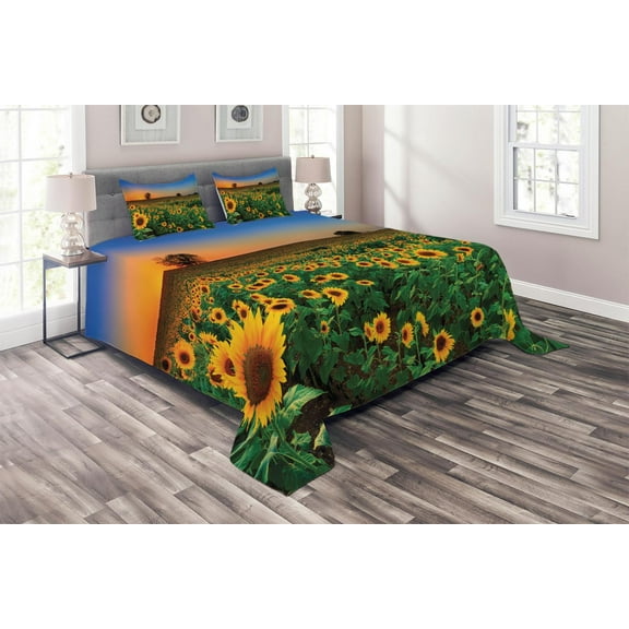 Ambesonne Sunflower Quilted Coverlet 3 Pcs, Flower Field at Sunset, King Size, Multicolor