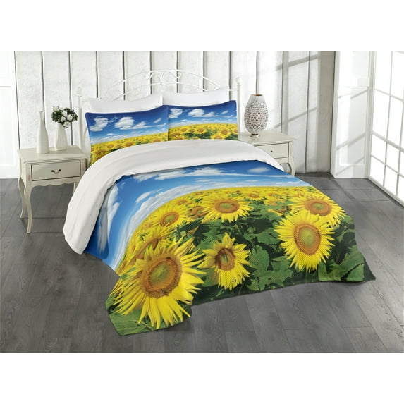 Ambesonne Sunflower Quilted Coverlet 3 Pcs, Fresh Field Country, King Size, Blue Green Yellow