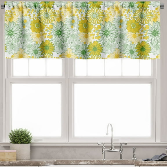 Ambesonne Sunflower Valance Pack of 2, Botany Art Floral Cartoon, 54"X18", Fern Green Earth Yellow