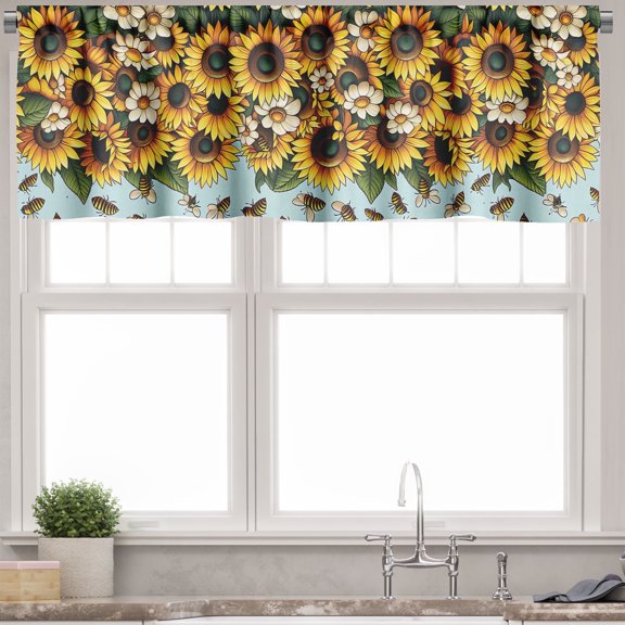 Ambesonne Sunflower Window Valance, Cartoon Helianthus Huddle, 42" X 12", Mustard Fern Green Blue