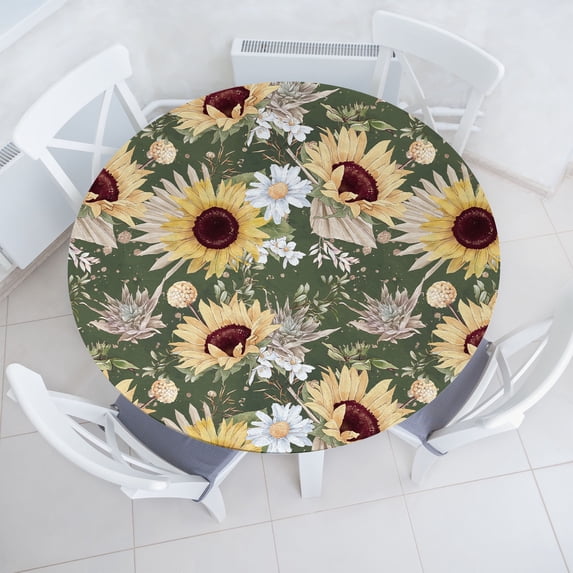 Ambesonne Sunflowers Fitted Round Tablecloth, Nostalgic Floral Summer, 56"- 60" Diameter, Pastel Yellow Dark Rust