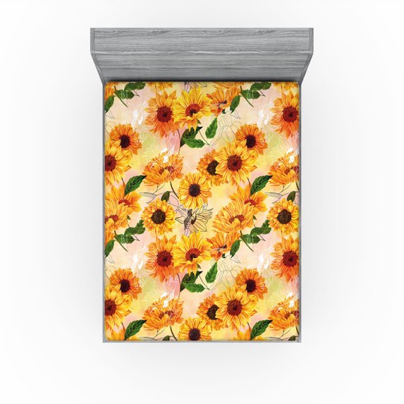 Ambesonne Sunflowers Fitted Sheet, Boho Summer Leafy Floral, Full Size, Marigold Paprika White