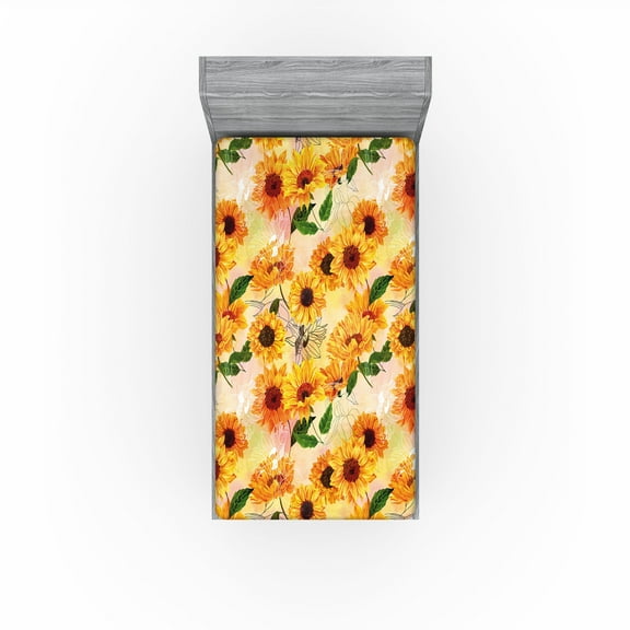 Ambesonne Sunflowers Fitted Sheet, Boho Summer Leafy Floral, Twin Size, Marigold Paprika White