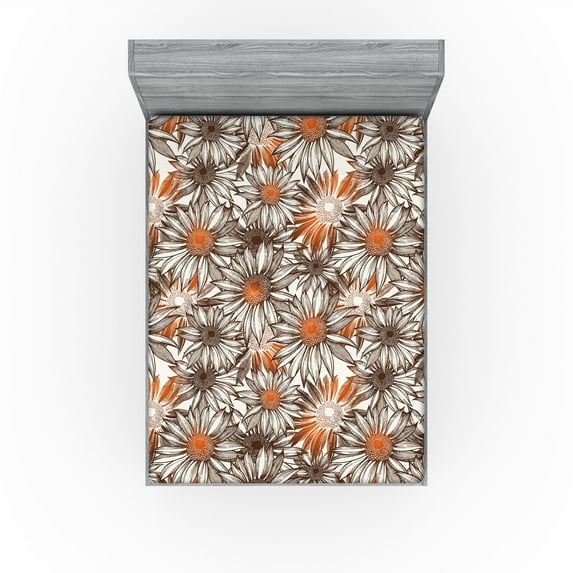 Ambesonne Sunflowers Fitted Sheet, Retro Summer Flowers, Full Size, Pale Vermilion Dark Sepia