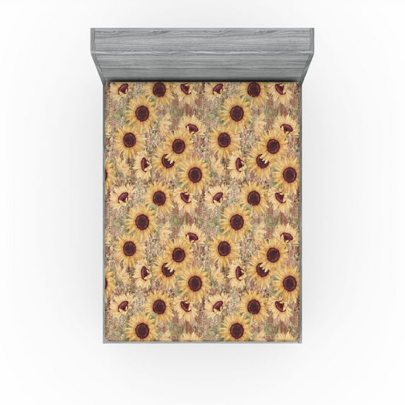 Ambesonne Sunflowers Fitted Sheet, Summer Flowers Vintage, King Size, Dark Rosewood Mustard
