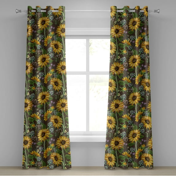Ambesonne Sunflowers Grommet Curtain, Dreamy Flower Field Art, 50"x84", Mustard Fern Green Sepia