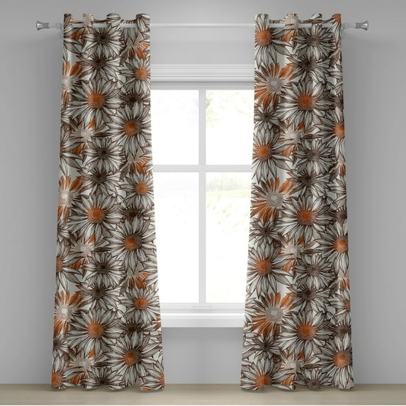 Ambesonne Sunflowers Grommet Curtain, Retro Summer Flowers, 50"x84", Pale Vermilion Dark Sepia