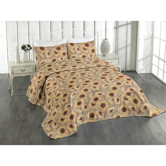 Ambesonne Sunflowers Quilted Coverlet 3 Pcs, Summer Flowers Vintage, Queen Size, Dark Rosewood Mustard