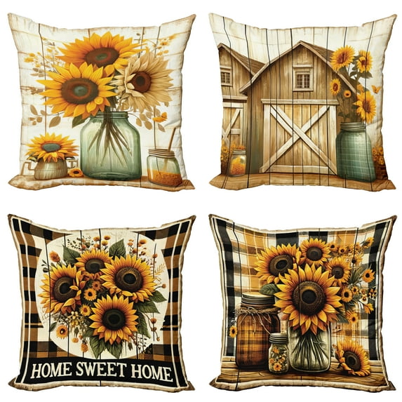 Ambesonne Sunflowers Throw Pillow Cover 4 Pack, Country Summer Rustic, 18", Orange Green Caramel