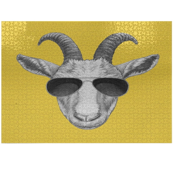 Ambesonne Sunglasses Jigsaw Puzzle Durable Cardboard, Grey Hand Drawn Goat, 1000 pcs, Mustard Dark Grey