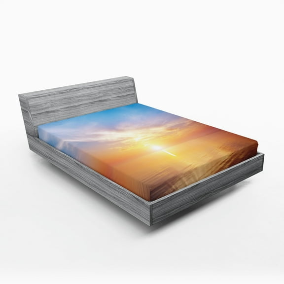 Ambesonne Sunrise Fitted Sheet, Horizon Seascape Bay, Full Size, Orange and Blue