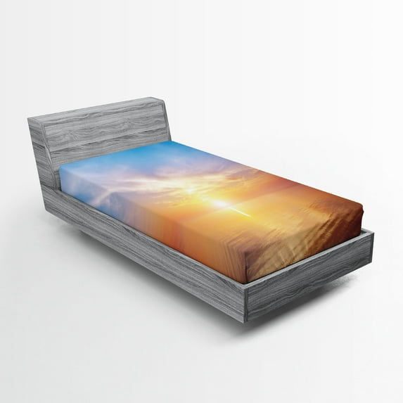 Ambesonne Sunrise Fitted Sheet, Horizon Seascape Bay, Twin XL Size, Orange and Blue
