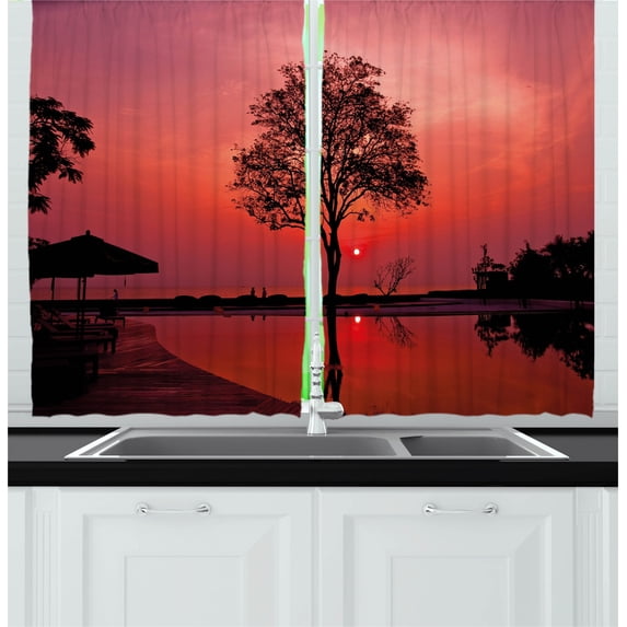 Ambesonne Sunrise Kitchen Curtains, Twilight Sky with Tree, 55"x39", Black Ruby
