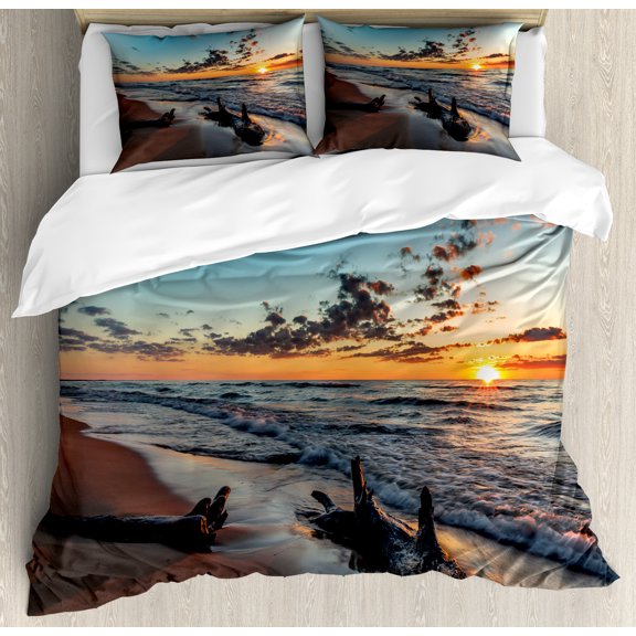 Ambesonne Sunset Duvet Cover Sets, Cloudy Sky Digital View, 2-Queen, Sky Blue and Apricot