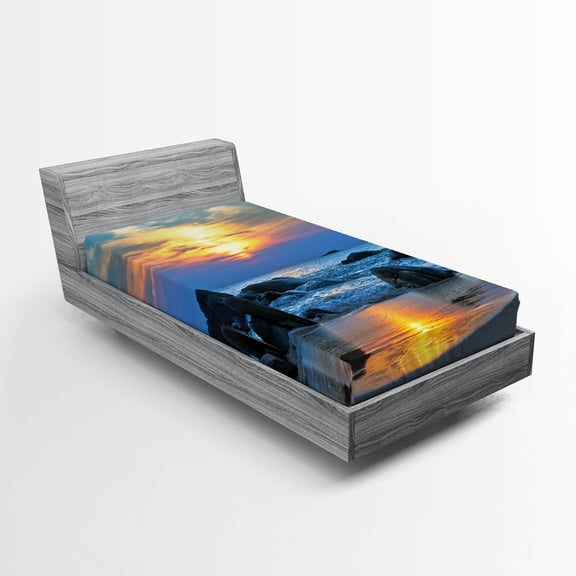 Ambesonne Sunset Fitted Sheet 2 Pcs Set, Sandy Peaceful Beach, Twin XL, Blue Yellow