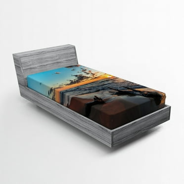 Ambesonne Sunset Fitted Sheet, Cloudy Sky Digital View, Twin Size, Sky Blue and Apricot