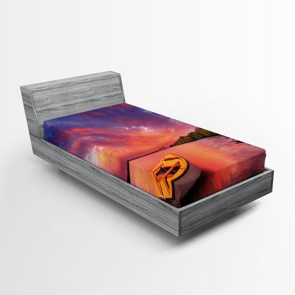Ambesonne Sunset Fitted Sheet, Sea Coast with a Rowboat, Twin XL Size, Pink and Purple
