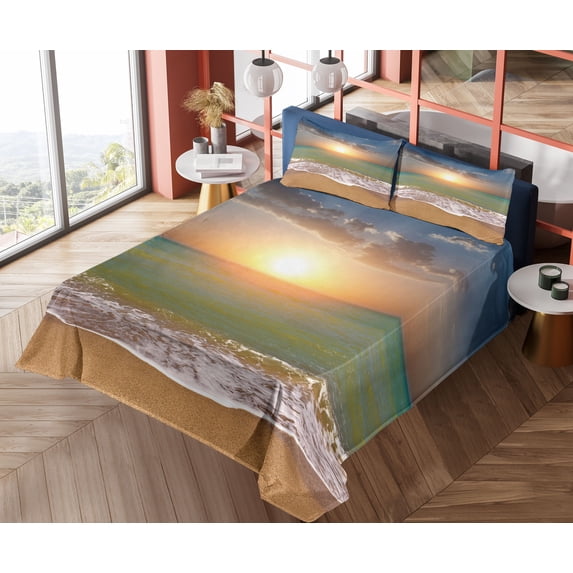 Ambesonne Sunset Fitted & Top Sheet Set with Shams, Idyllic Beach Scenery, Multicolor