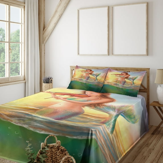 Ambesonne Sunset Fitted & Top Sheet Set with Shams, Mermaid Playing Violin, Multicolor