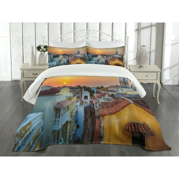 Ambesonne Sunset Quilted Bedspread Set 3 Pcs, Rooftops Old City Coast, Queen Size, Multicolor