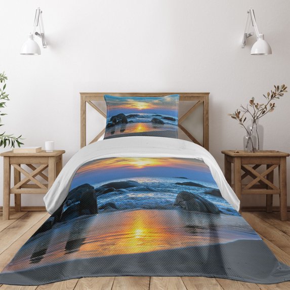 Ambesonne Sunset Quilted Coverlet 2 Pcs, Sandy Peaceful Beach, Twin Size, Blue Yellow