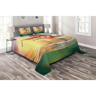 Ambesonne Sunset Quilted Coverlet 3 Pcs, Mermaid Playing Violin, King Size, Multicolor