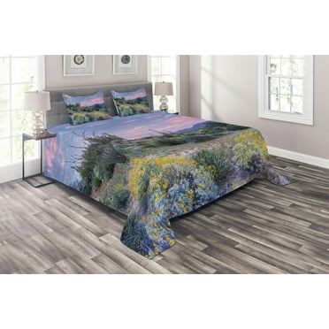 Ambesonne Sunset Quilted Coverlet 3 Pcs, Mountain Floral Scenery, King Size, Multicolor